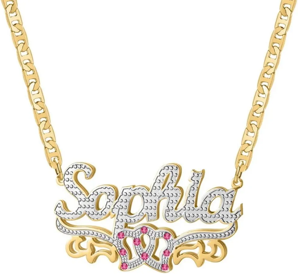 Name Plate Necklaces Double Plated Name Necklace Personalized Custom NameNecklace for Women with Heart 18k Gold Plated Nameplate Pendant for Women