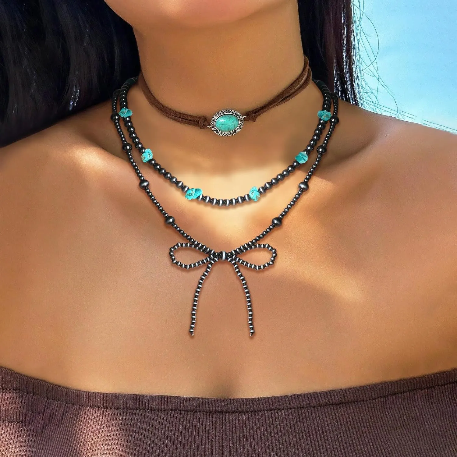 Navajo Pearl Bow Necklace Western Jewelry for Women Cowgirl Turquoise Necklaces Jewelry