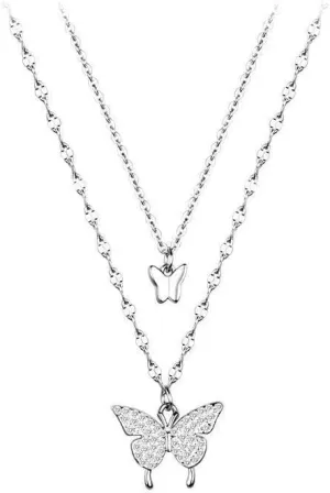 Necklace for Women Rhinestone Vintage Layered Crystal Butterfly Necklace Pendant Minimalist Double Butterfly Choker Necklace Silver Chain Necklace Jewelry for Women