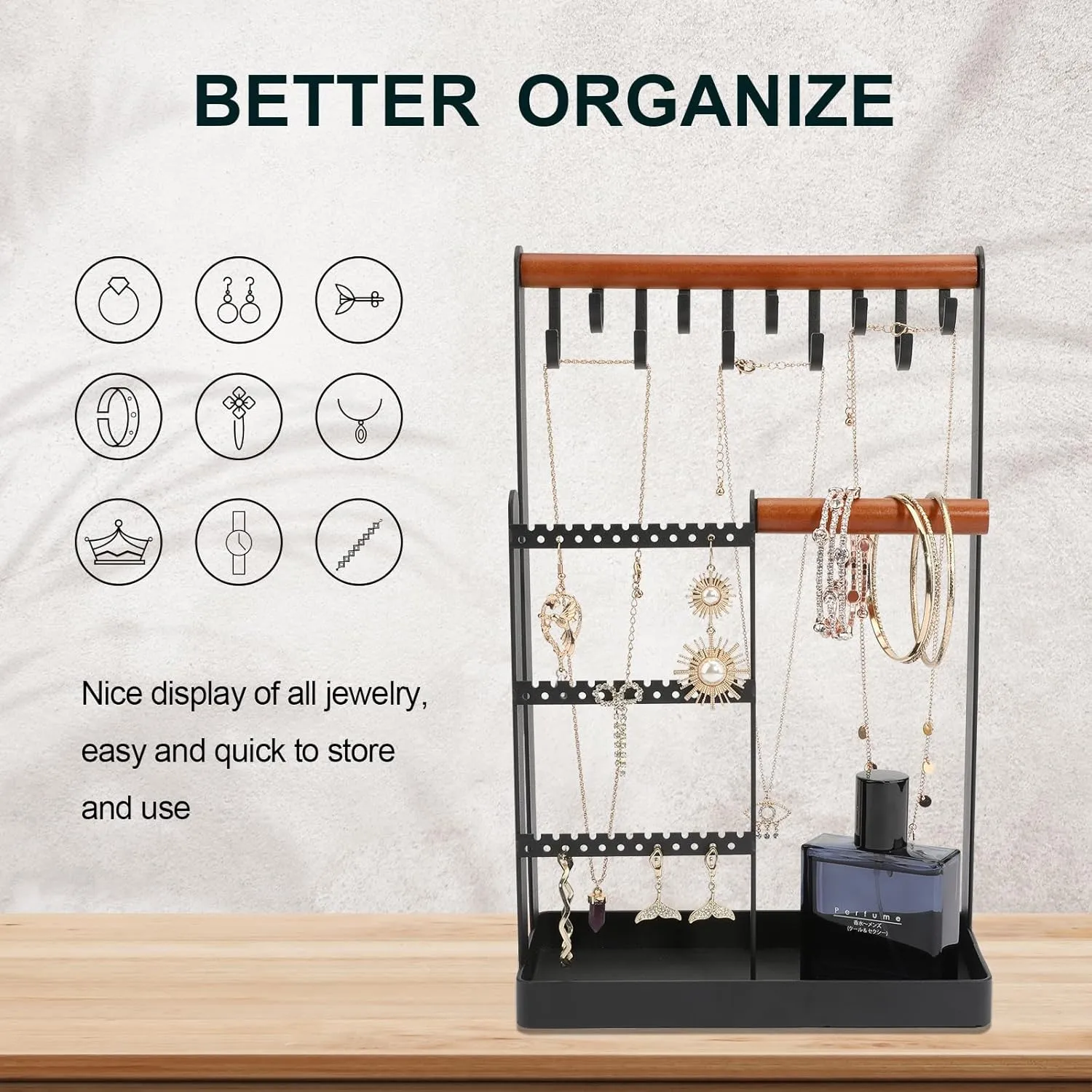 Necklace Holder, Jewelry Storage Tower for Displaying Jewelry, Organizing Bracelets, Necklaces, Bracelets, Rings, Earrings and Watches (Black)