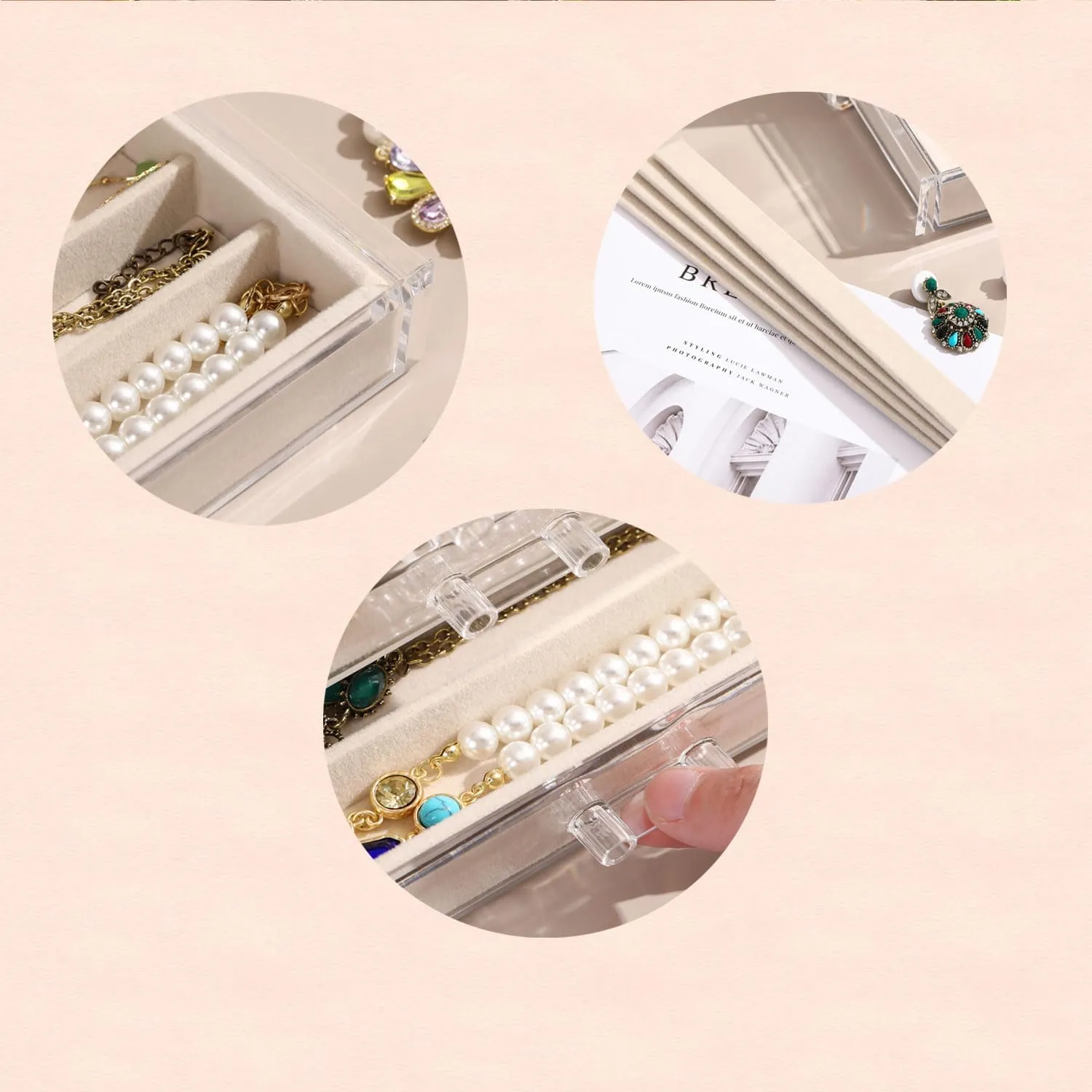Necklace Organizer Box, Tray with Clear Lid, Dustproof Velvet Necklaces Holder Storage Display Case, Necklace Tray Drawer Insert for Pendant Suitable for Women and Girls (Beige)