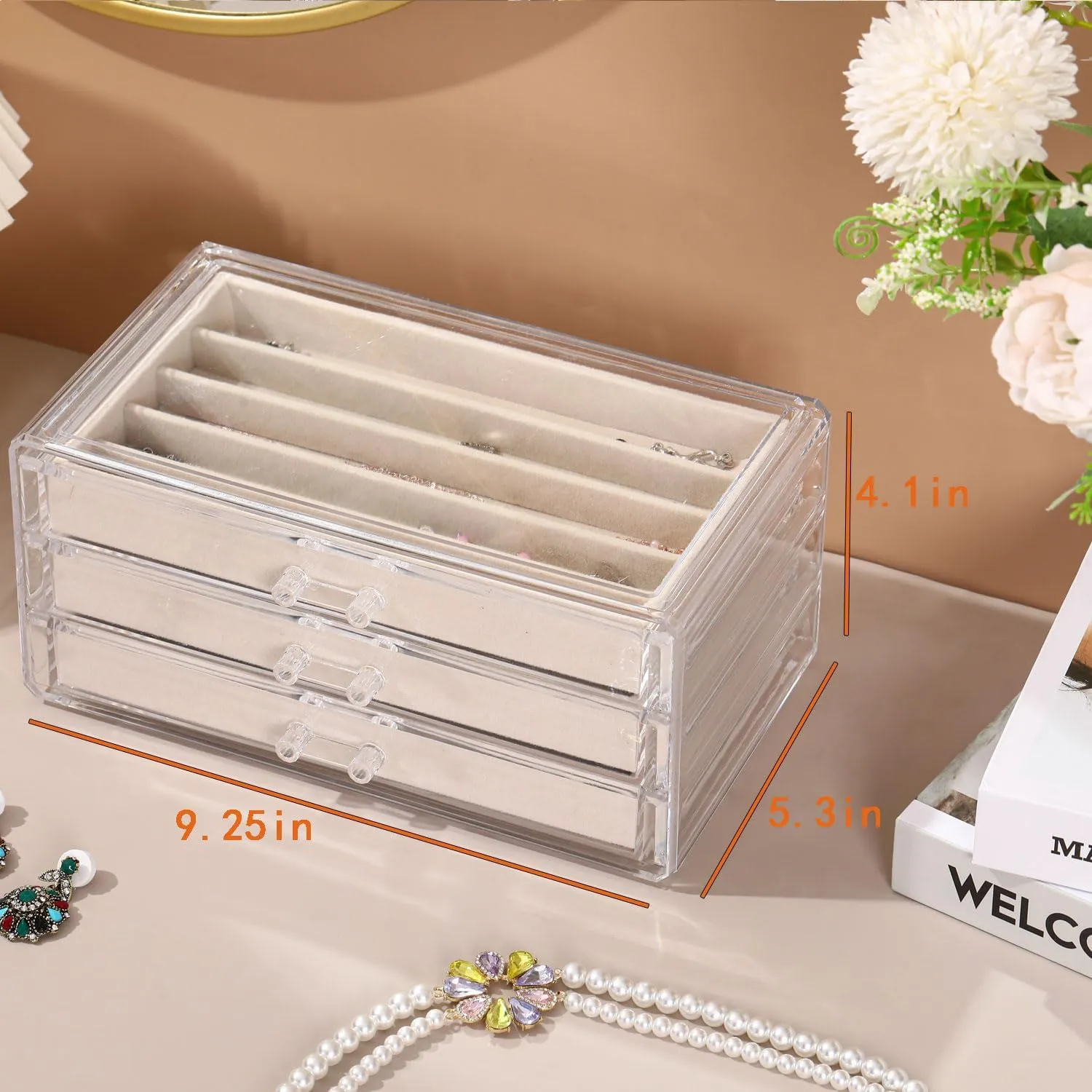 Necklace Organizer Box, Tray with Clear Lid, Dustproof Velvet Necklaces Holder Storage Display Case, Necklace Tray Drawer Insert for Pendant Suitable for Women and Girls (Beige)