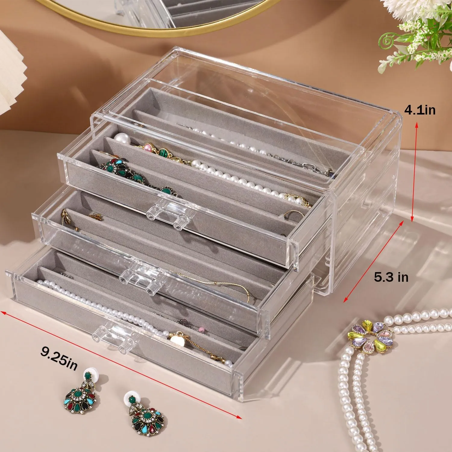 Necklace Organizer Box, Tray with Clear Lid, Dustproof Velvet Necklaces Holder Storage Display Case, Necklace Tray Drawer Insert for Pendant Suitable for Women and Girls (Grey)
