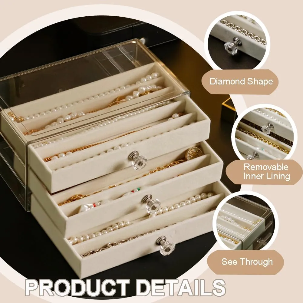 Necklace Organizer Box, Velvet Necklace Box Holder Tray with Clear Lid Chains Showcase Stackable Necklace Storage for Pendant Bracelet (3 Drawers - Beige)