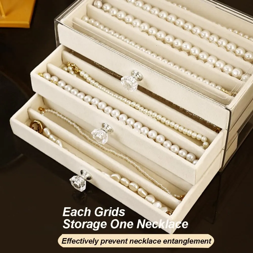 Necklace Organizer Box, Velvet Necklace Box Holder Tray with Clear Lid Chains Showcase Stackable Necklace Storage for Pendant Bracelet (3 Drawers - Beige)