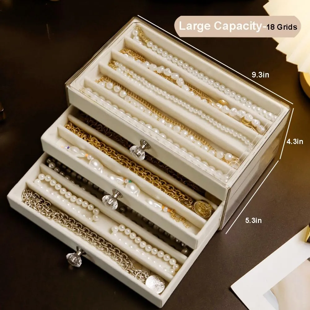 Necklace Organizer Box, Velvet Necklace Box Holder Tray with Clear Lid Chains Showcase Stackable Necklace Storage for Pendant Bracelet (3 Drawers - Beige)