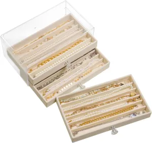 Necklace Organizer Box, Velvet Necklace Box Holder Tray with Clear Lid Chains Showcase Stackable Necklace Storage for Pendant Bracelet (3 Drawers - Beige)