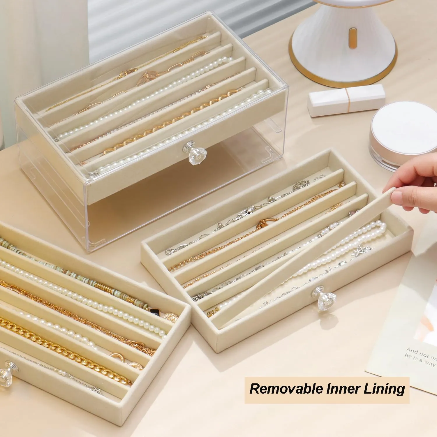 Necklace Organizer Box, Velvet Necklace Box Holder Tray with Clear Lid Chains Showcase Stackable Necklace Storage for Pendant Bracelet (3 Drawers - Beige)