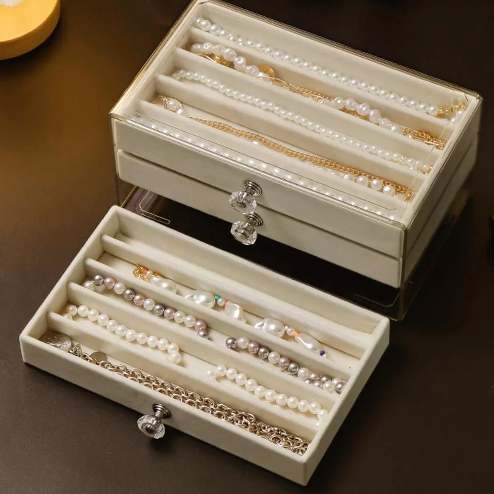 Necklace Organizer Box, Velvet Necklace Box Holder Tray with Clear Lid Chains Showcase Stackable Necklace Storage for Pendant Bracelet (3 Drawers - Beige)