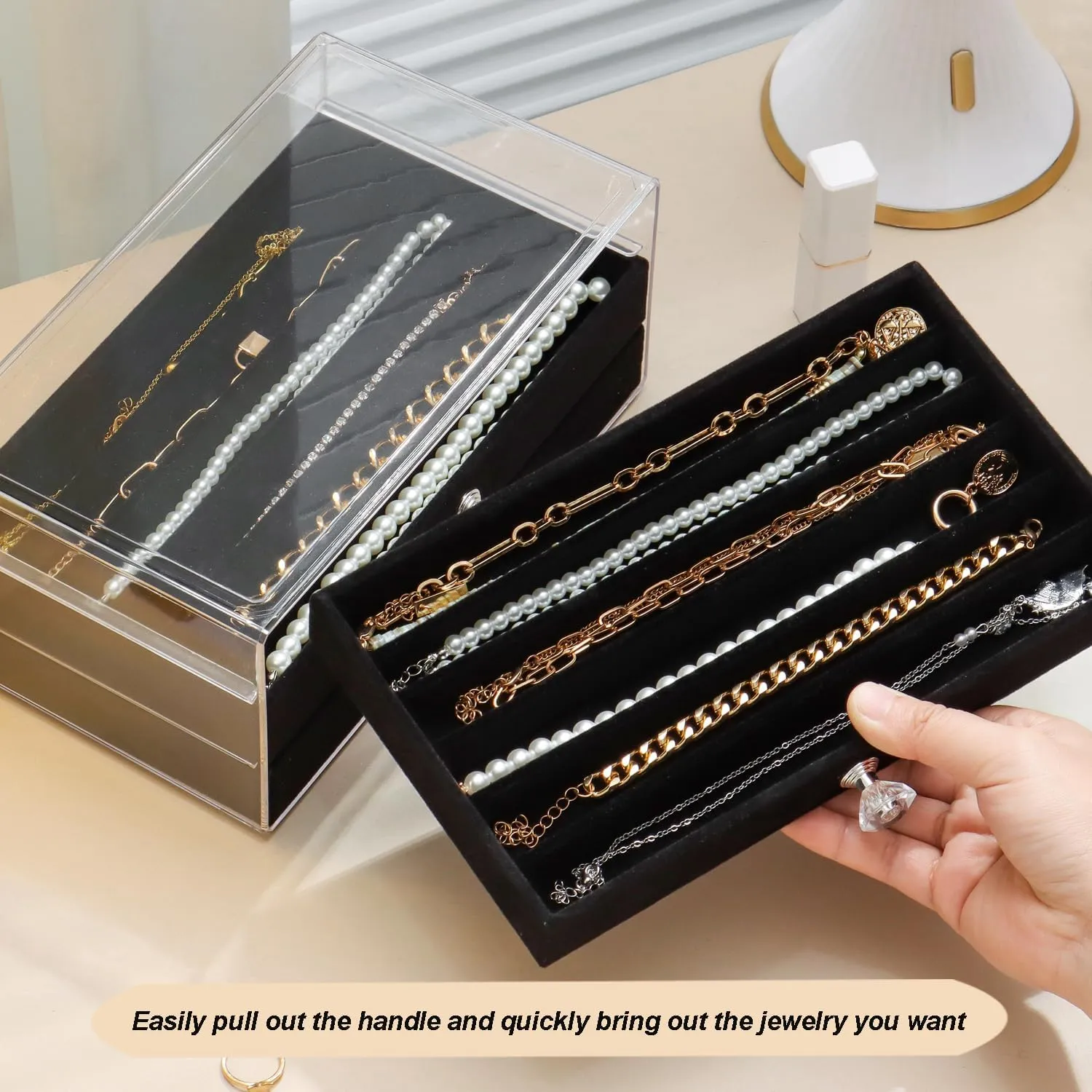 Necklace Organizer Box, Velvet Necklace Box Holder Tray with Clear Lid Chains Showcase Stackable Necklace Storage for Pendant Bracelet (3 Drawers - Black)