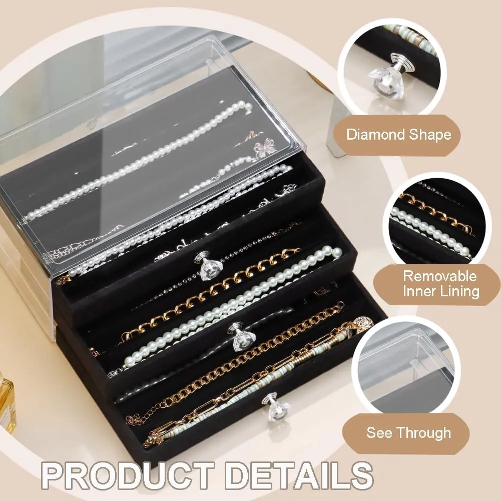 Necklace Organizer Box, Velvet Necklace Box Holder Tray with Clear Lid Chains Showcase Stackable Necklace Storage for Pendant Bracelet (3 Drawers - Black)
