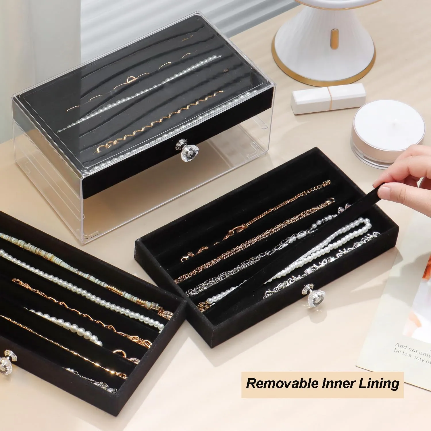 Necklace Organizer Box, Velvet Necklace Box Holder Tray with Clear Lid Chains Showcase Stackable Necklace Storage for Pendant Bracelet (3 Drawers - Black)