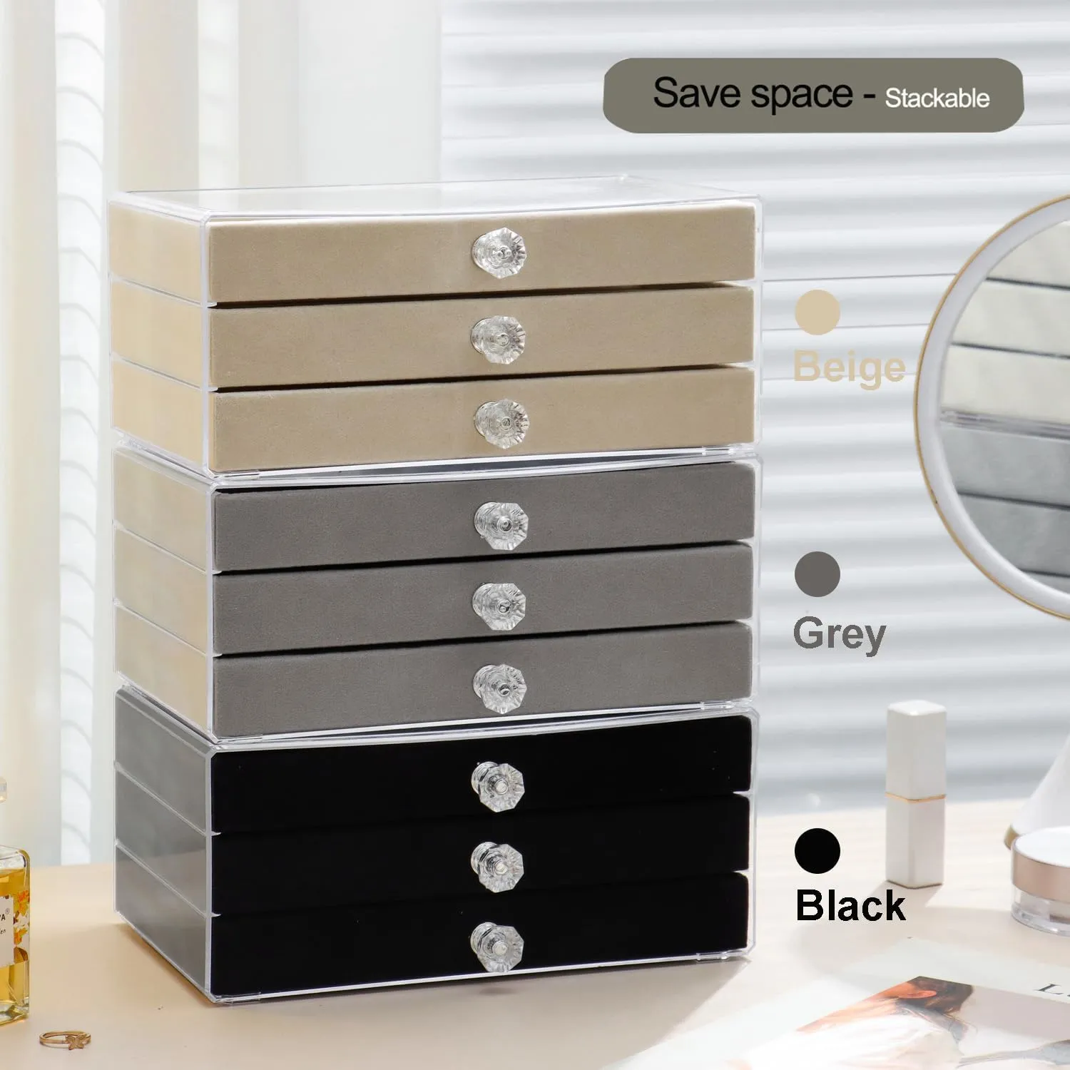 Necklace Organizer Box, Velvet Necklace Box Holder Tray with Clear Lid Chains Showcase Stackable Necklace Storage for Pendant Bracelet (3 Drawers - Black)