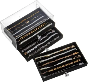 Necklace Organizer Box, Velvet Necklace Box Holder Tray with Clear Lid Chains Showcase Stackable Necklace Storage for Pendant Bracelet (3 Drawers - Black)