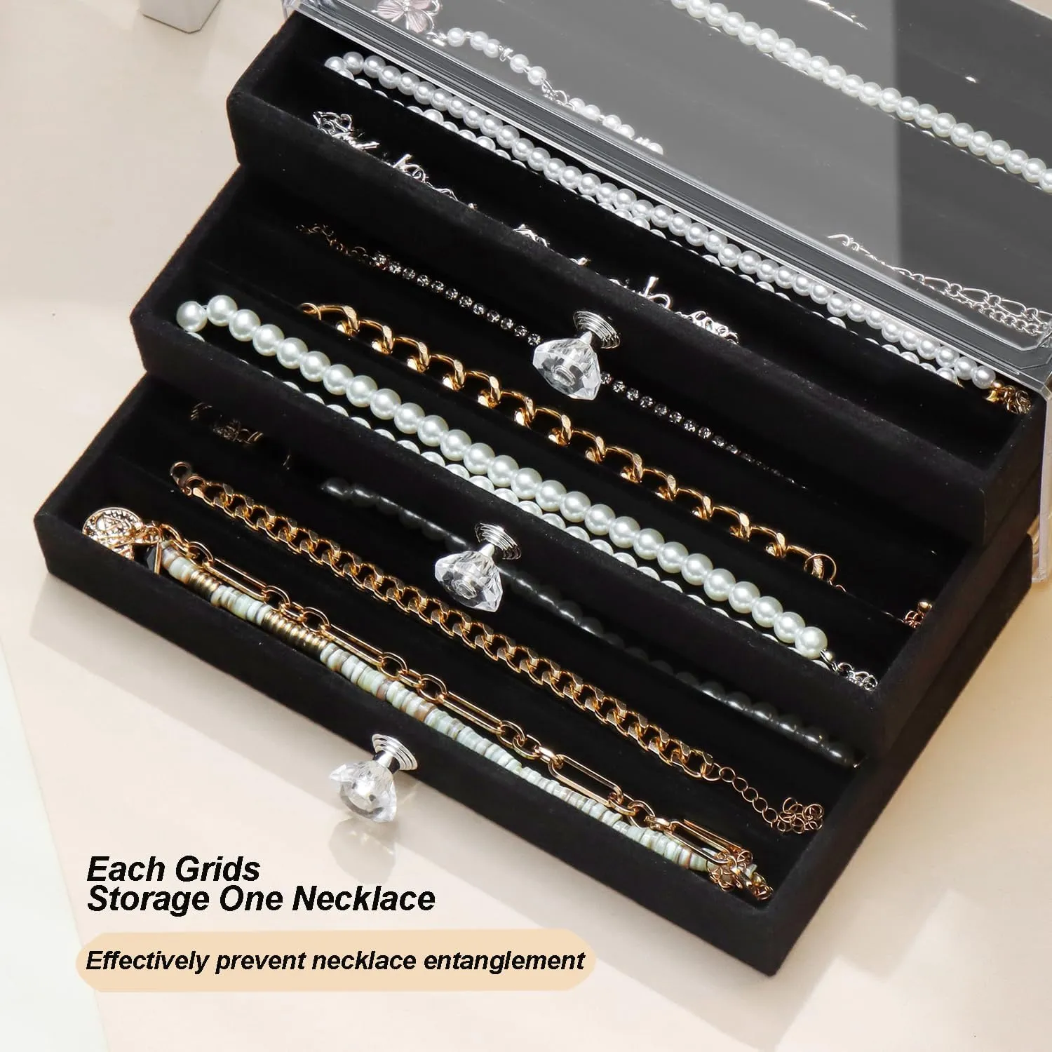 Necklace Organizer Box, Velvet Necklace Box Holder Tray with Clear Lid Chains Showcase Stackable Necklace Storage for Pendant Bracelet (3 Drawers - Black)