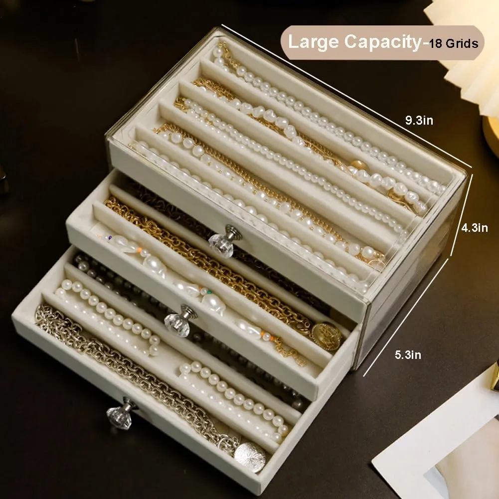 Necklace Organizer Box, Velvet Necklace Box Holder Tray with Clear Lid Chains Showcase Stackable Necklace Storage for Pendant Bracelet (3 Drawers - Black)