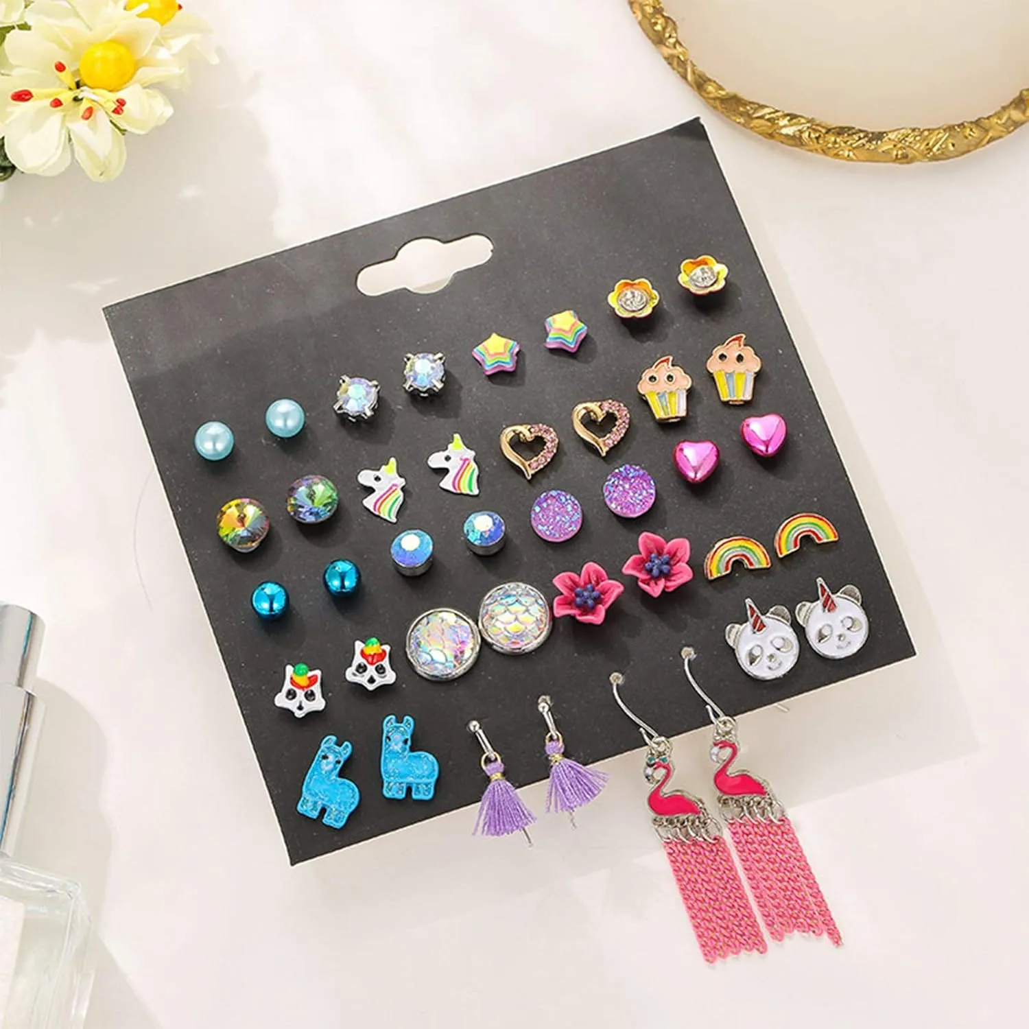 NEWITIN 100 Pairs Colorful Cute Earrings for Girls Sensitive Ears Hypoallergenic Girl Stud Earrings Set Stainless Steel Cartoon Stud for Girls and Women