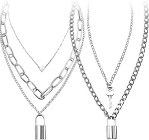 N/Q 2-4Pcs Punk Rock Layered Chunky Chain Lock Key Long Pendant Necklace for Women Men Multilayer 14K Silver Plated Gothic Hip Hop Statement Necklace Unisex Jewelry