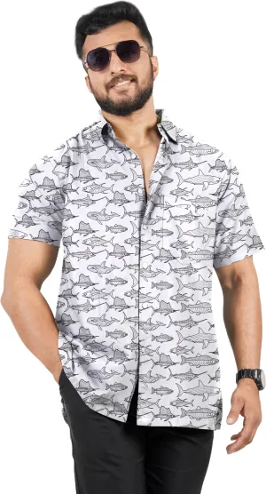 Oceanic Opulence White And Black Shark Fish Printed Rayon Men's Shirt