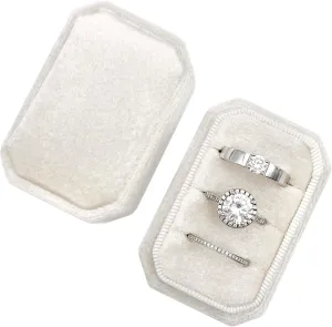 Octagonal Rectangle Velvet Ring Box 3 Slots - Premium Handmade Wedding Three Rings Bearer Holder Vintage Orthogon Jewelry Storage for Ceremony Proposal Engagement
