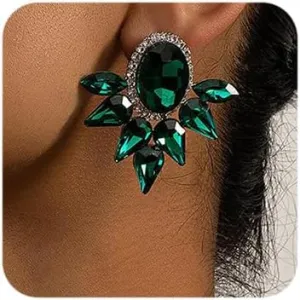 Octwine Boho Women Green Rhinestones Earrings Sparkly Green Christmas Earrings Bridal Wedding Rhinestone Earrings Teardrop Dangle Earrings for Women