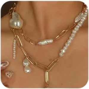 Octwine Dainty Boho Pearls Choker Necklace Chain Multilayer Choker Necklaces for Women