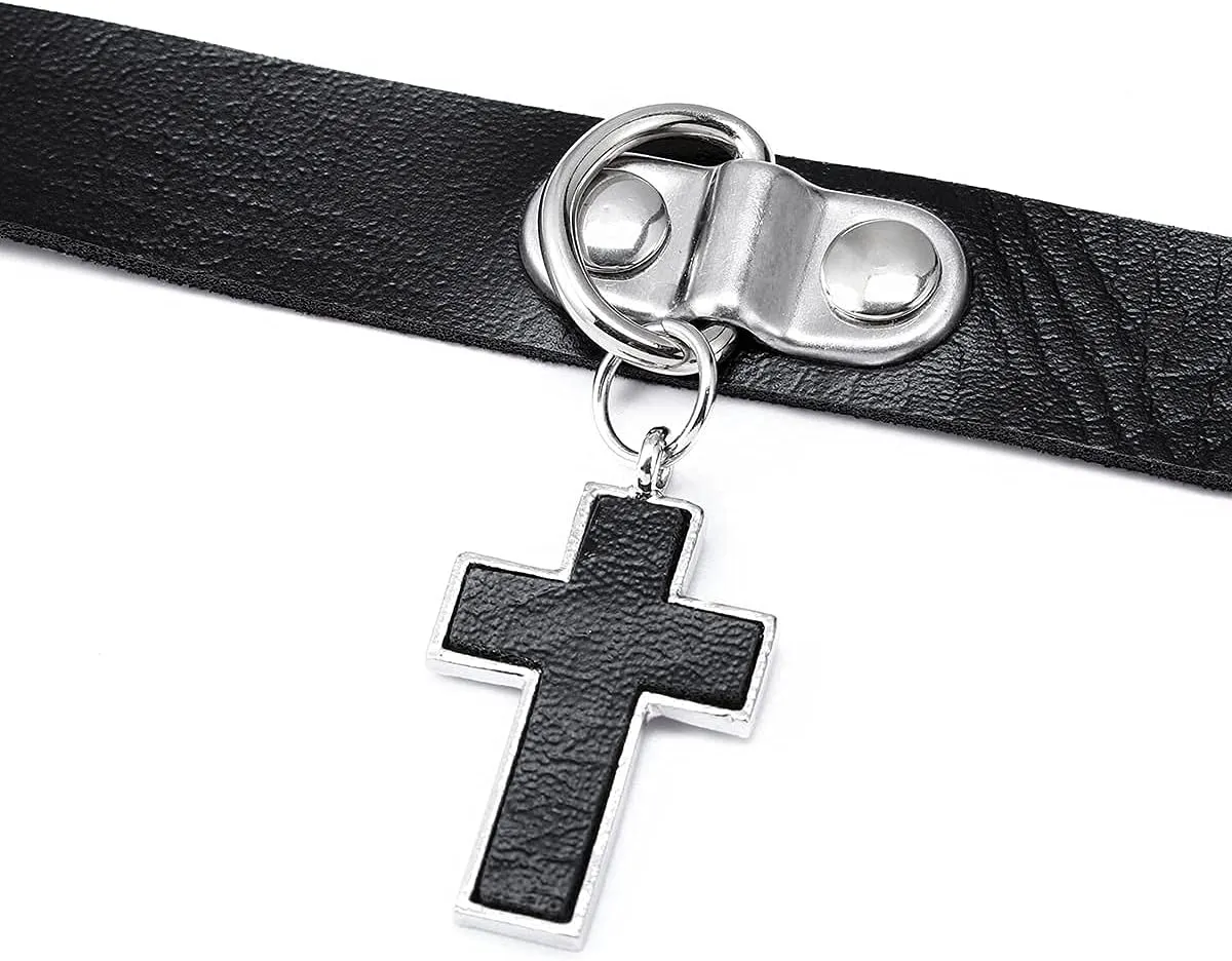 Olbye Black Leather Choker Necklace - Circle Short Necklace With Rivet Studded Spike, Adjustable Punk Design, Gothic Style for Women