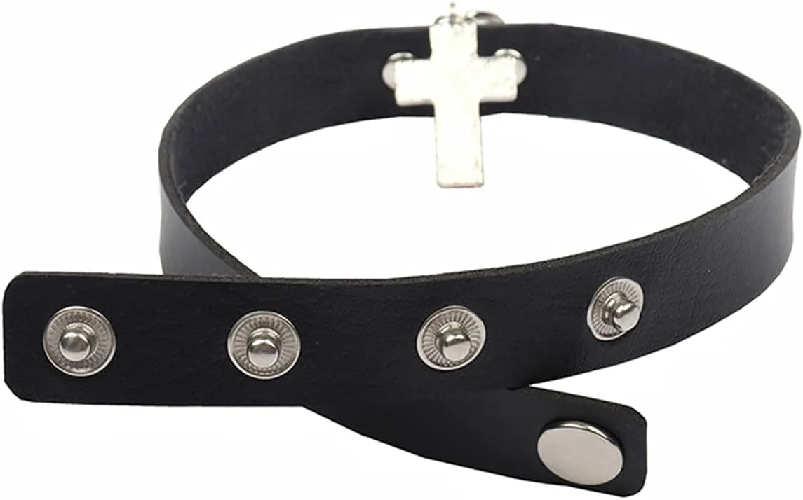 Olbye Black Leather Choker Necklace - Circle Short Necklace With Rivet Studded Spike, Adjustable Punk Design, Gothic Style for Women