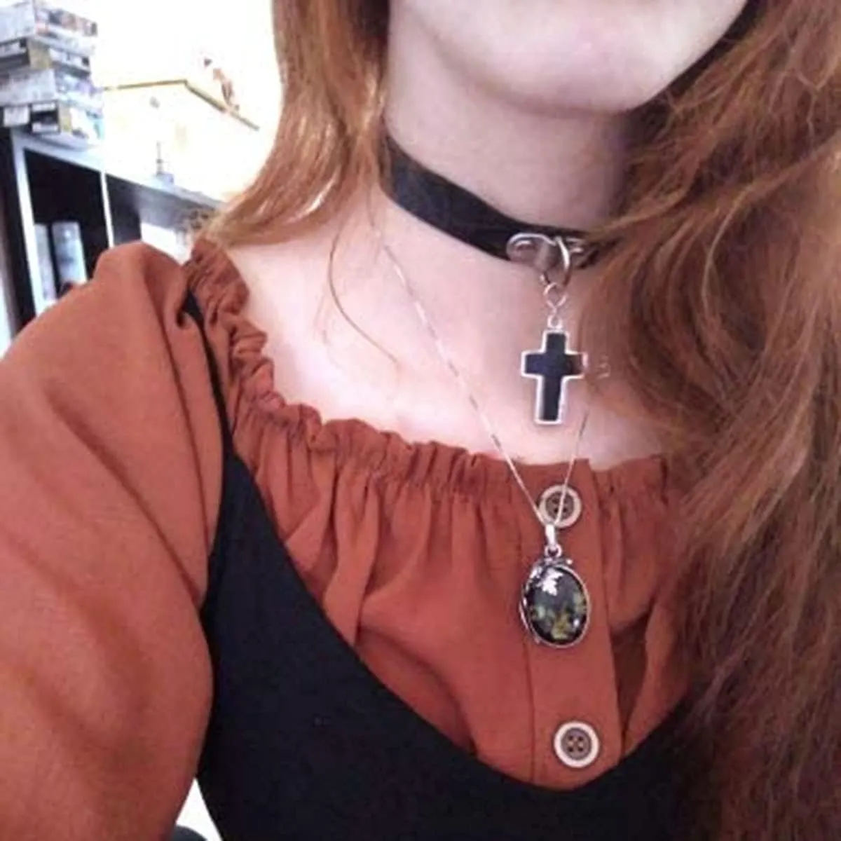 Olbye Black Leather Choker Necklace - Circle Short Necklace With Rivet Studded Spike, Adjustable Punk Design, Gothic Style for Women