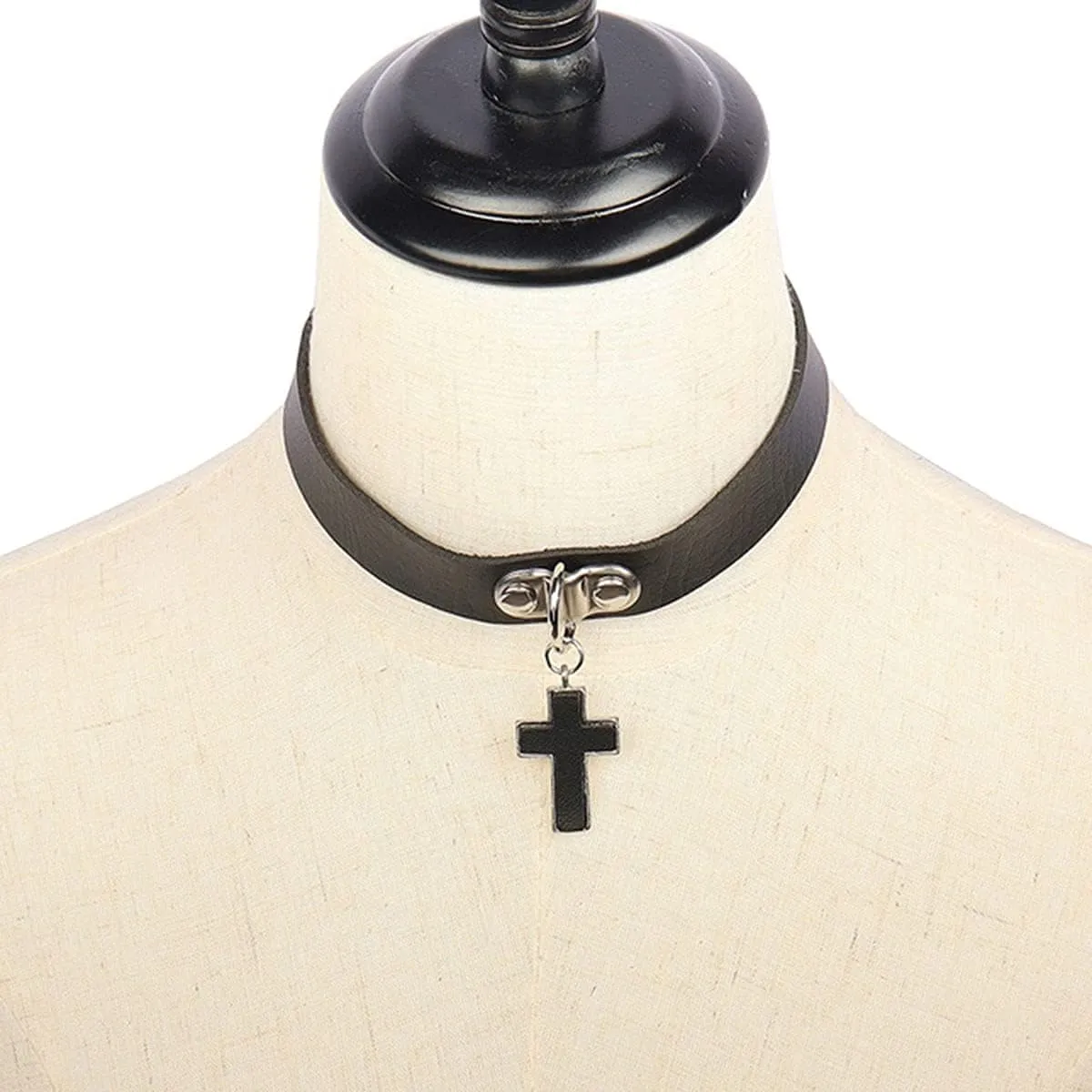 Olbye Black Leather Choker Necklace - Circle Short Necklace With Rivet Studded Spike, Adjustable Punk Design, Gothic Style for Women