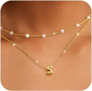 OOOPEL Pearl Gold Initial Necklaces for Women Trendy Stackable S necklace Gold Plated Non Tarnish Waterproof Pendant Choker Layered Small Pearl Letter Initial Necklace Personalized Jewelry Gifts