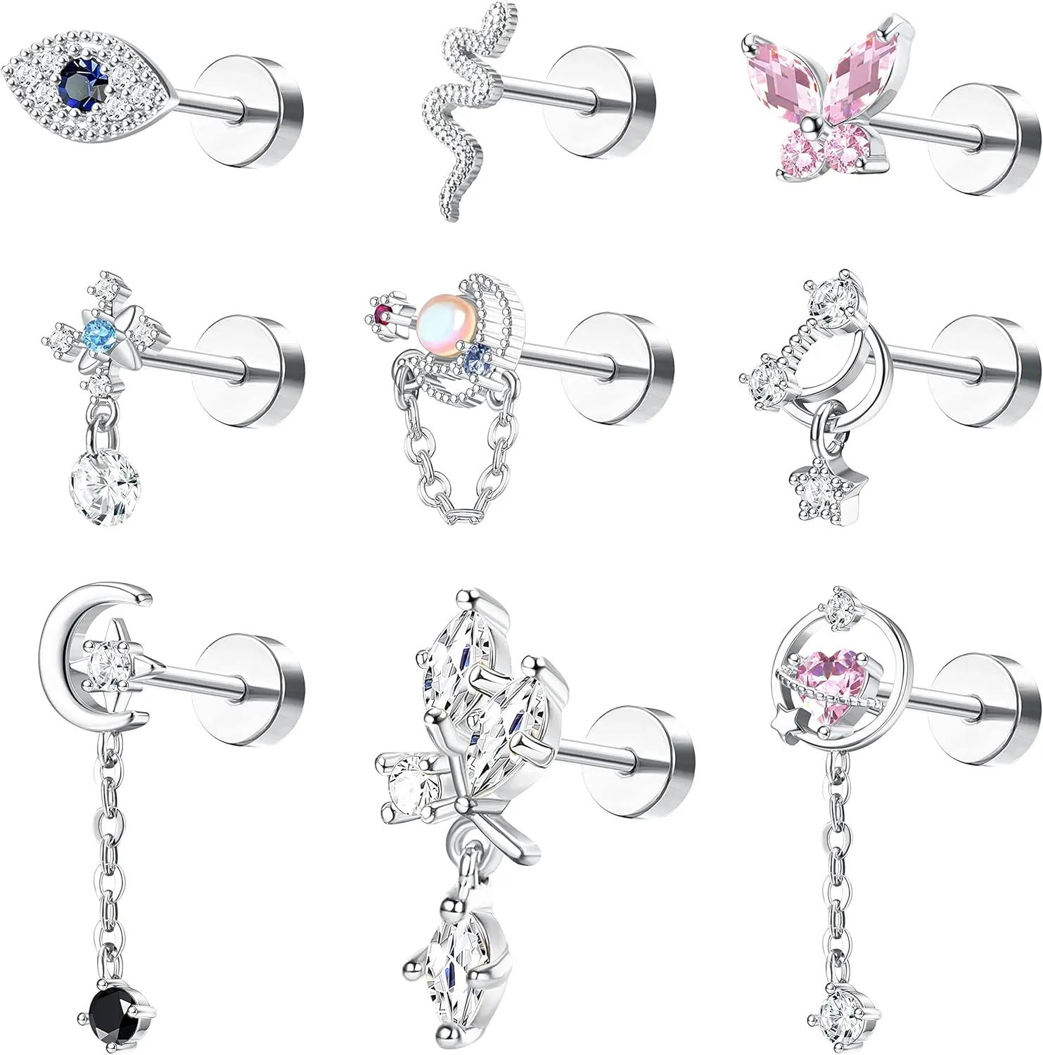 ORAZIO 9 Pcs Cartilage Earrings For Women 16G Screw Flat Back Earrings Stainless Steel Tragus Stud Earrings Heart Star CZ Dangle Helix Daith Piercing Earrings Cute Cartilage Piercing Jewelry