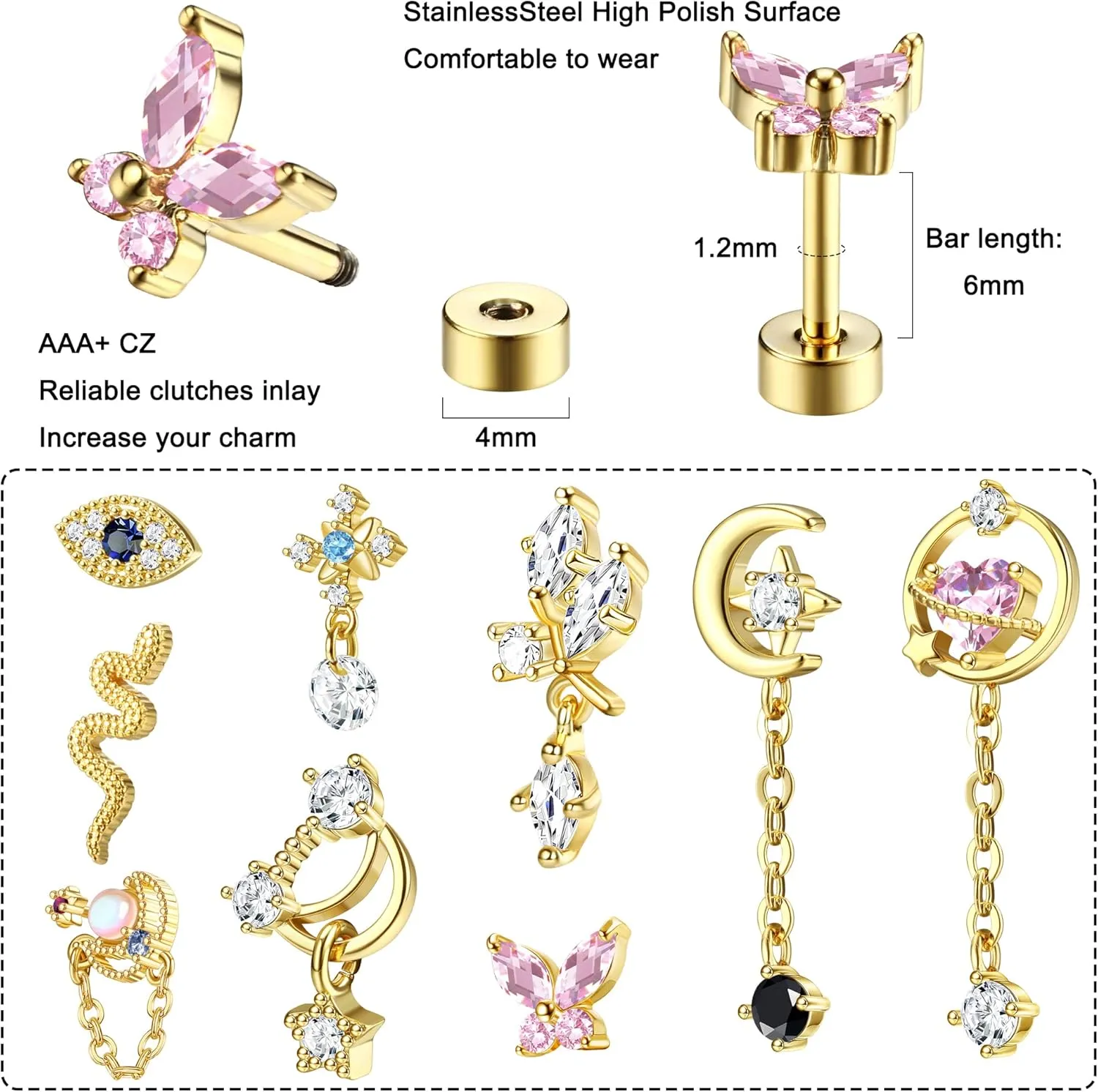 ORAZIO 9 Pcs Cartilage Earrings For Women 16G Screw Flat Back Earrings Stainless Steel Tragus Stud Earrings Heart Star CZ Dangle Helix Daith Piercing Earrings Cute Cartilage Piercing Jewelry