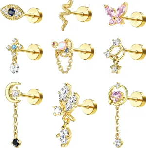 ORAZIO 9 Pcs Cartilage Earrings For Women 16G Screw Flat Back Earrings Stainless Steel Tragus Stud Earrings Heart Star CZ Dangle Helix Daith Piercing Earrings Cute Cartilage Piercing Jewelry