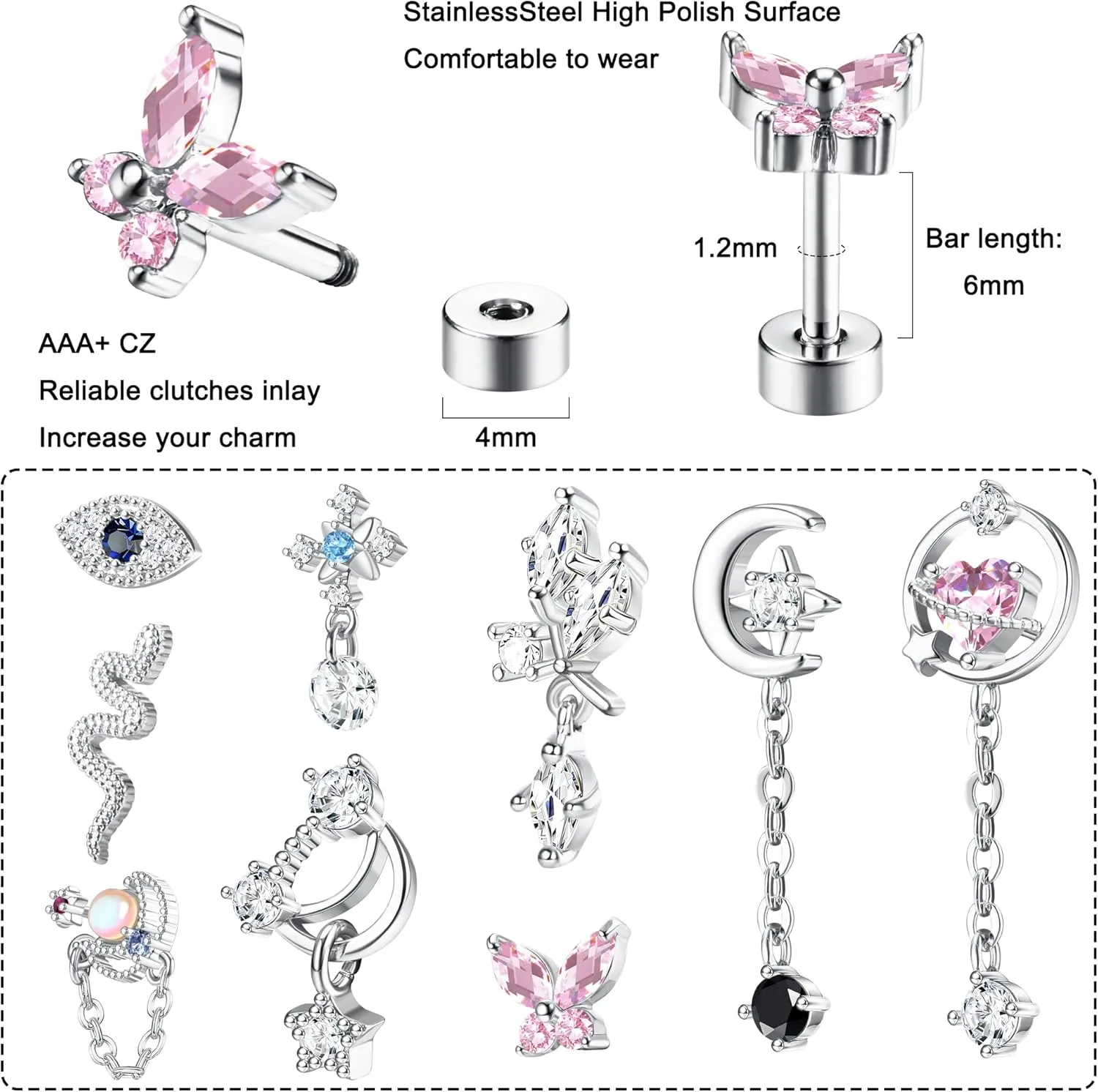 ORAZIO 9 Pcs Cartilage Earrings For Women 16G Screw Flat Back Earrings Stainless Steel Tragus Stud Earrings Heart Star CZ Dangle Helix Daith Piercing Earrings Cute Cartilage Piercing Jewelry
