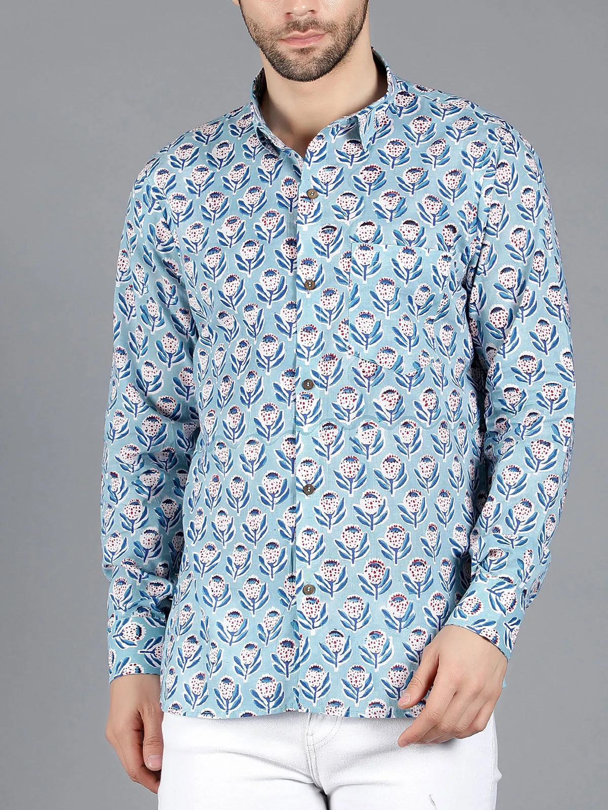 Orion Handblock Cotton Shirt Blue