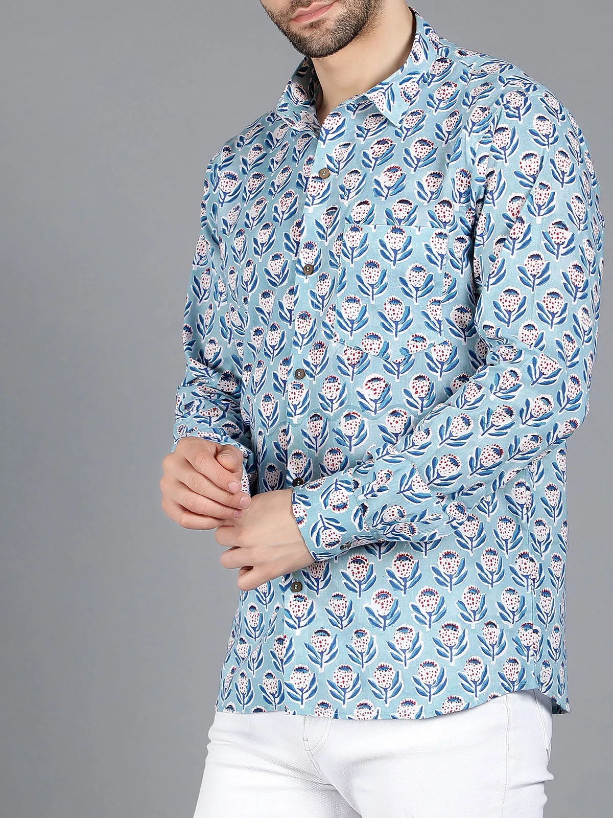 Orion Handblock Cotton Shirt Blue
