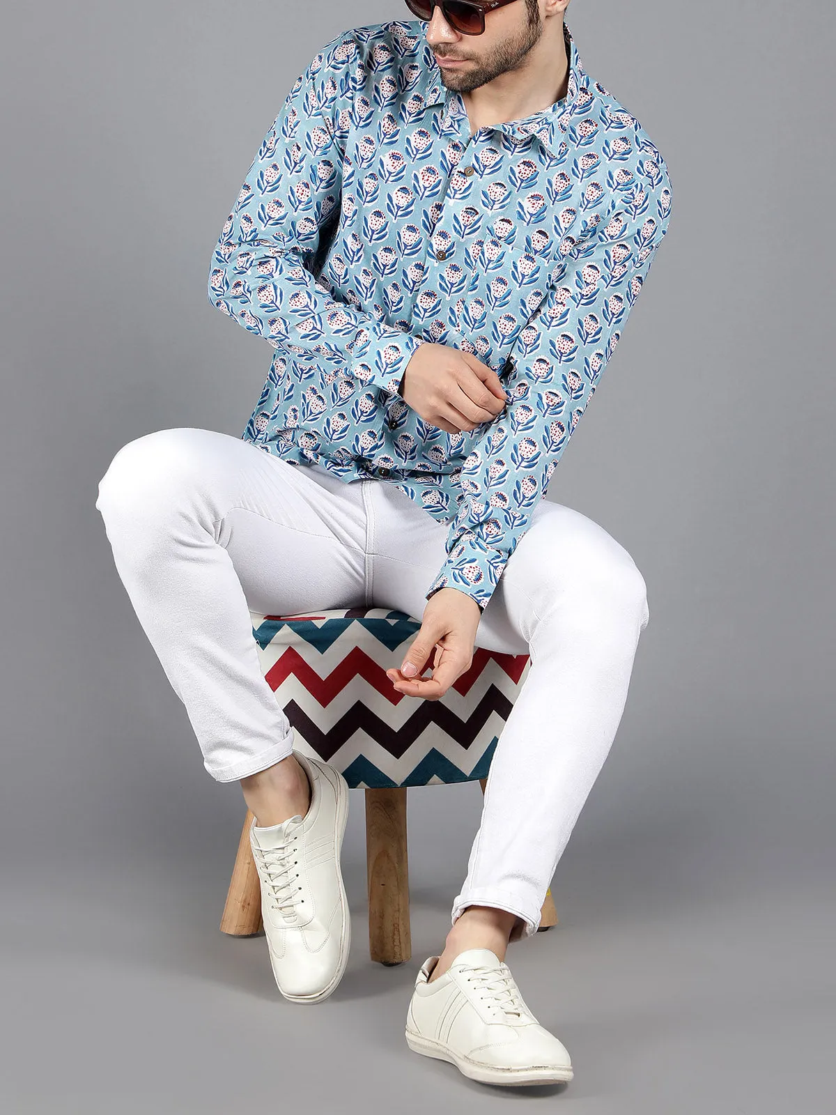 Orion Handblock Cotton Shirt Blue