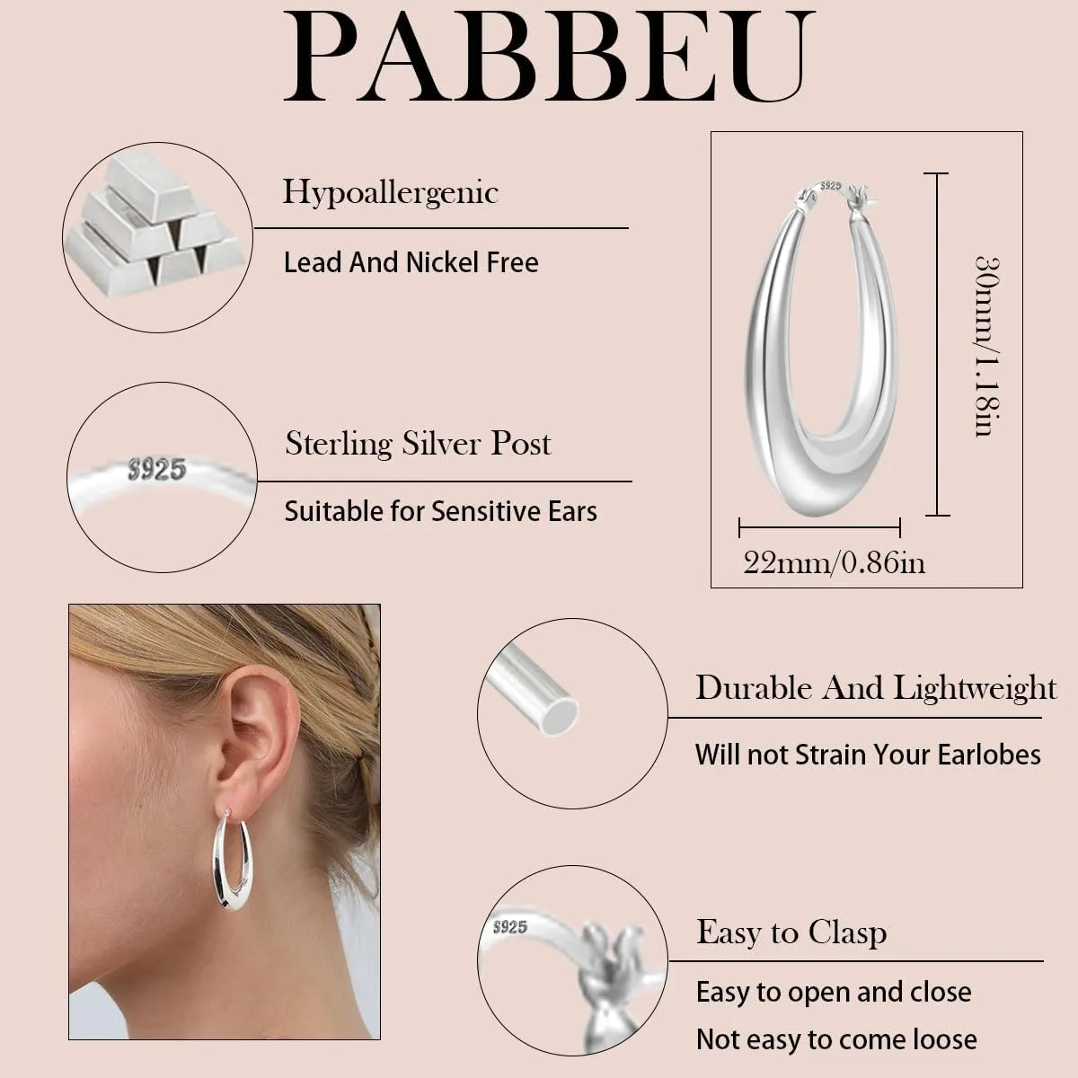 PABBEU Chunky Silver Hoops Earrings for Women, Hypoallergenic Lightweight 925 Sterling Silver Oval Hoop Earring, Sterling Silver Thick Hoop Earrings for Women 30/40/50mm