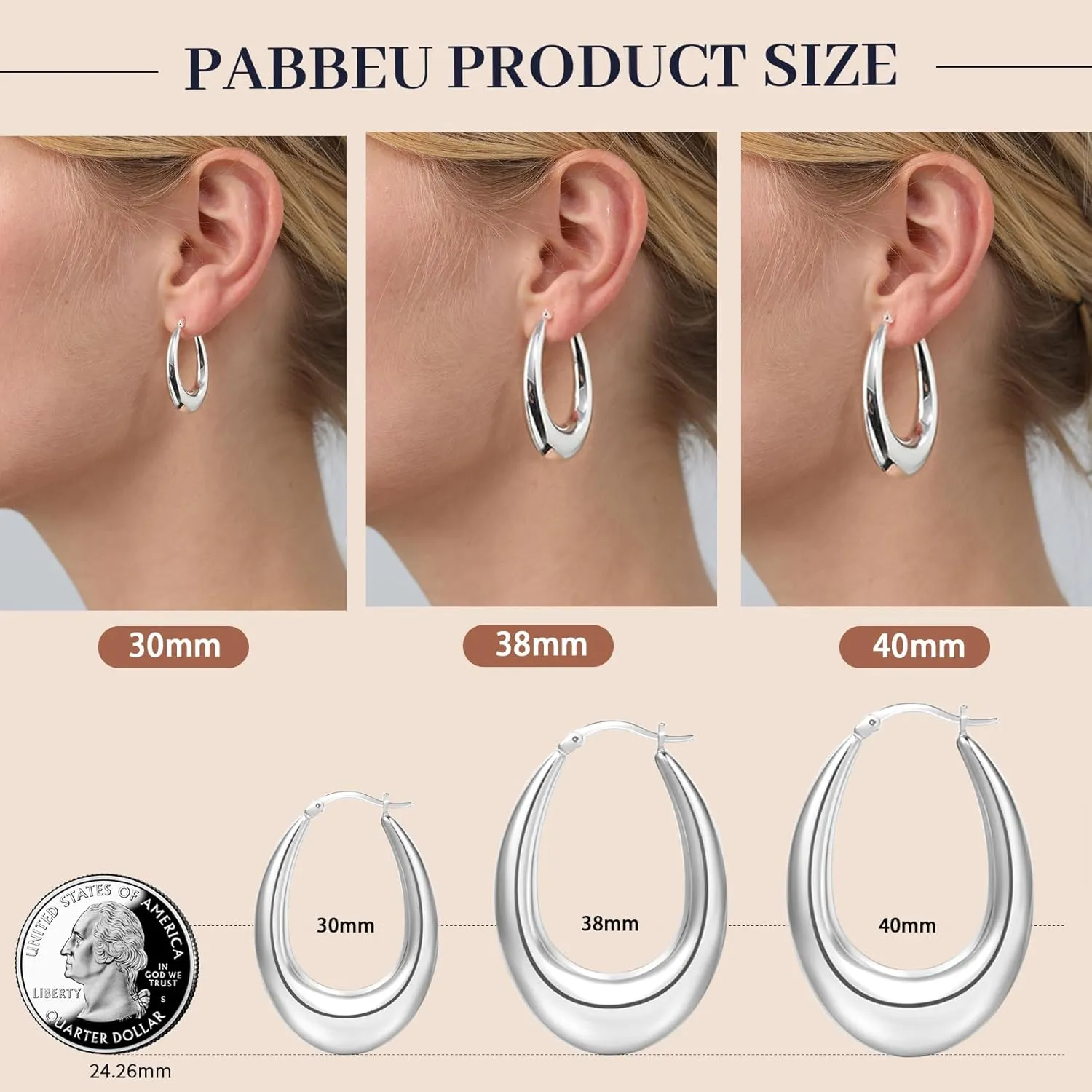 PABBEU Chunky Silver Hoops Earrings for Women, Hypoallergenic Lightweight 925 Sterling Silver Oval Hoop Earring, Sterling Silver Thick Hoop Earrings for Women 30/40/50mm