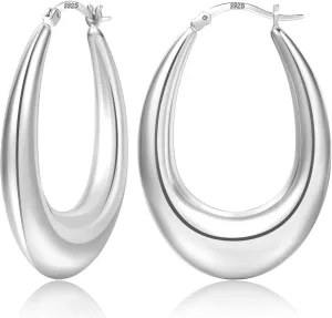 PABBEU Chunky Silver Hoops Earrings for Women, Hypoallergenic Lightweight 925 Sterling Silver Oval Hoop Earring, Sterling Silver Thick Hoop Earrings for Women 30/40/50mm