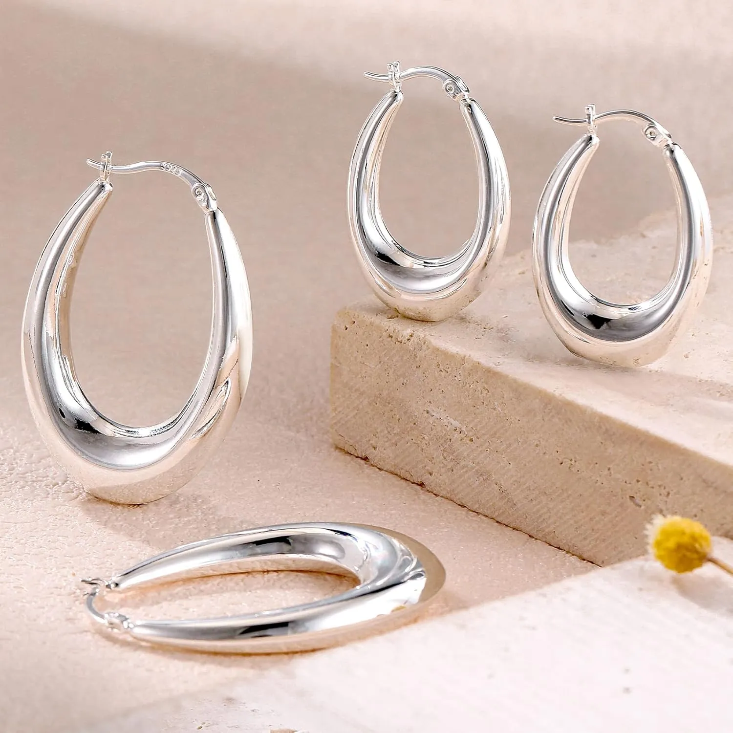 PABBEU Chunky Silver Hoops Earrings for Women, Hypoallergenic Lightweight 925 Sterling Silver Oval Hoop Earring, Sterling Silver Thick Hoop Earrings for Women 30/40/50mm