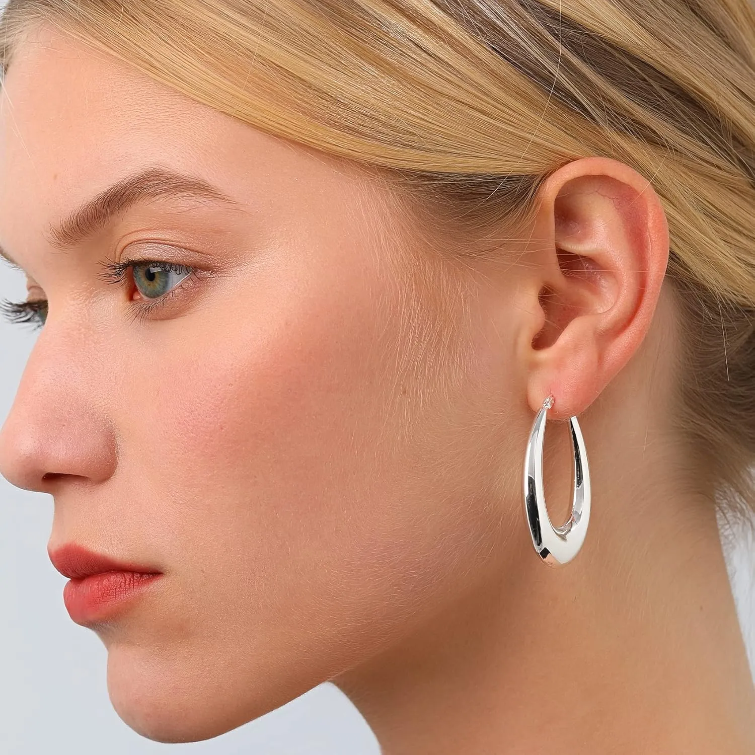 PABBEU Chunky Silver Hoops Earrings for Women, Hypoallergenic Lightweight 925 Sterling Silver Oval Hoop Earring, Sterling Silver Thick Hoop Earrings for Women 30/40/50mm