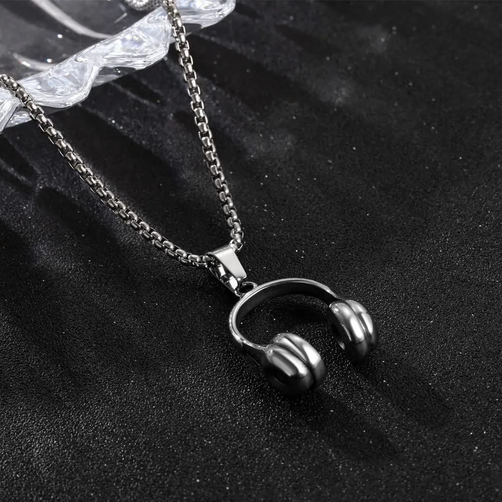 PAURO Men's Stainless Steel Retro Music Headset DJ Headphone Pendant Punk Necklaces