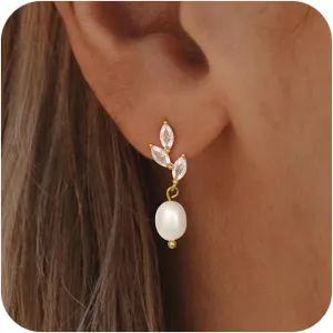 Pearl Earrings - 14K Gold Hoop Dangle Earrings for Women With Zircon Bow, Teardrop, and Leaf | Trendy Jewelry