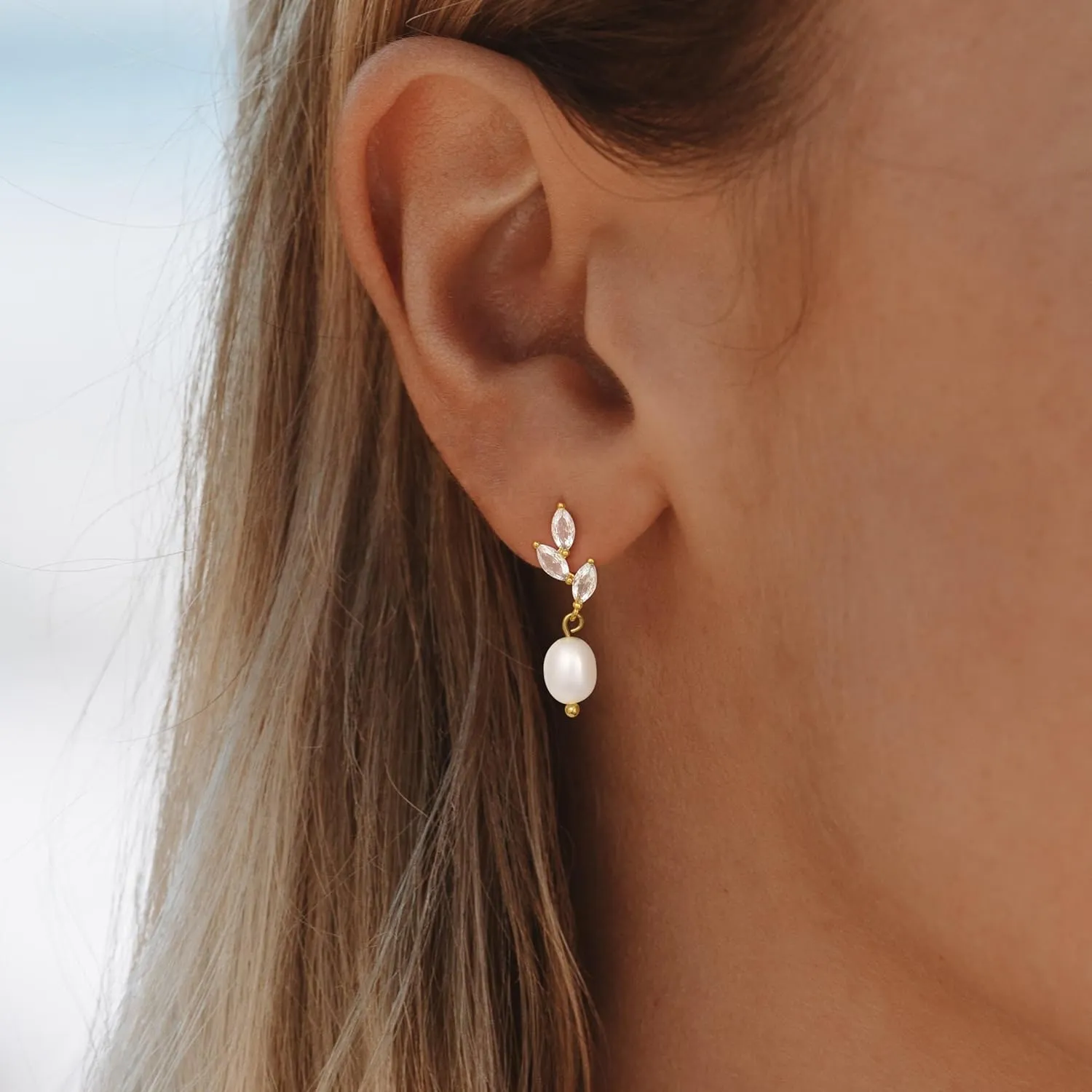 Pearl Earrings - 14K Gold Hoop Dangle Earrings for Women With Zircon Bow, Teardrop, and Leaf | Trendy Jewelry