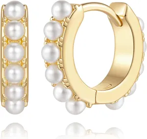 Pearl Earrings for Women 14K Gold Pearl Hoop Earrings for Women Small Gold Pearl Earrings Dainty Pearl Earrings Elegance Gold Pearl Huggie Hoop Earrings 13 MM/18 MM