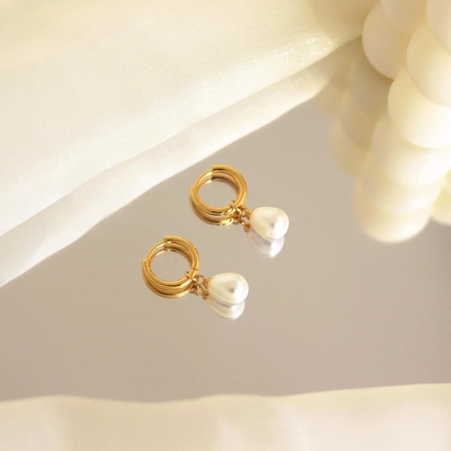 Pearl Earrings for Women Trendy - Gold Hoop Earrings 14K Gold Plated Dangle Drop Huggie Earrings Dainty Hypoallergenic Lightweight Cute Studs Wedding Jewelry Gifts