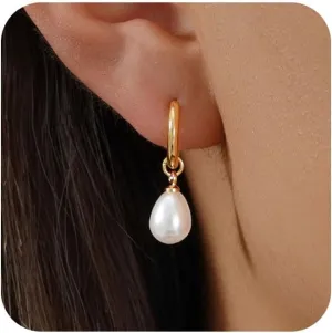 Pearl Earrings for Women Trendy - Gold Hoop Earrings 14K Gold Plated Dangle Drop Huggie Earrings Dainty Hypoallergenic Lightweight Cute Studs Wedding Jewelry Gifts