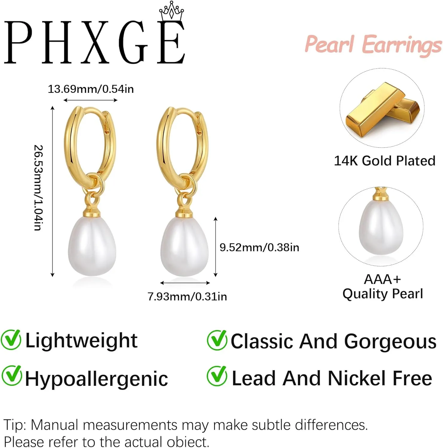 Pearl Earrings for Women Trendy - Gold Hoop Earrings 14K Gold Plated Dangle Drop Huggie Earrings Dainty Hypoallergenic Lightweight Cute Studs Wedding Jewelry Gifts